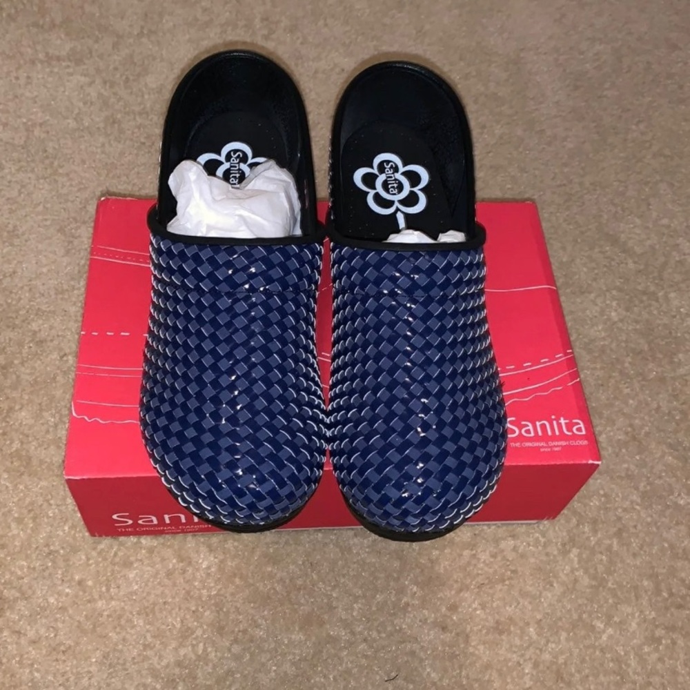 Navy Lattice Sanita Clogs - Leather